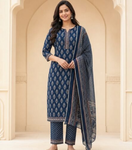 Indigo cotton block print suit set