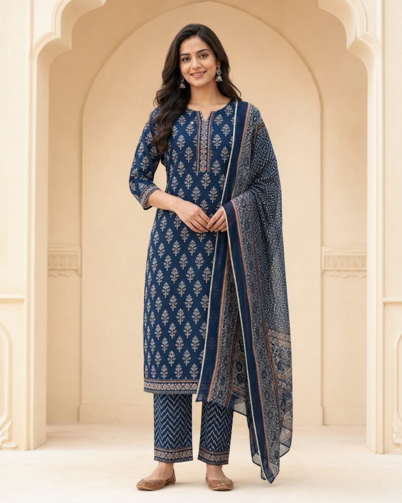 Indigo cotton block print suit set