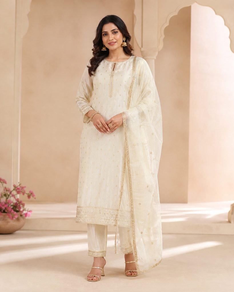 Ivory Chanderi silk suit set