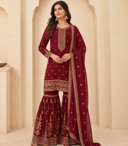 Maroon embroidered Sharara suit set