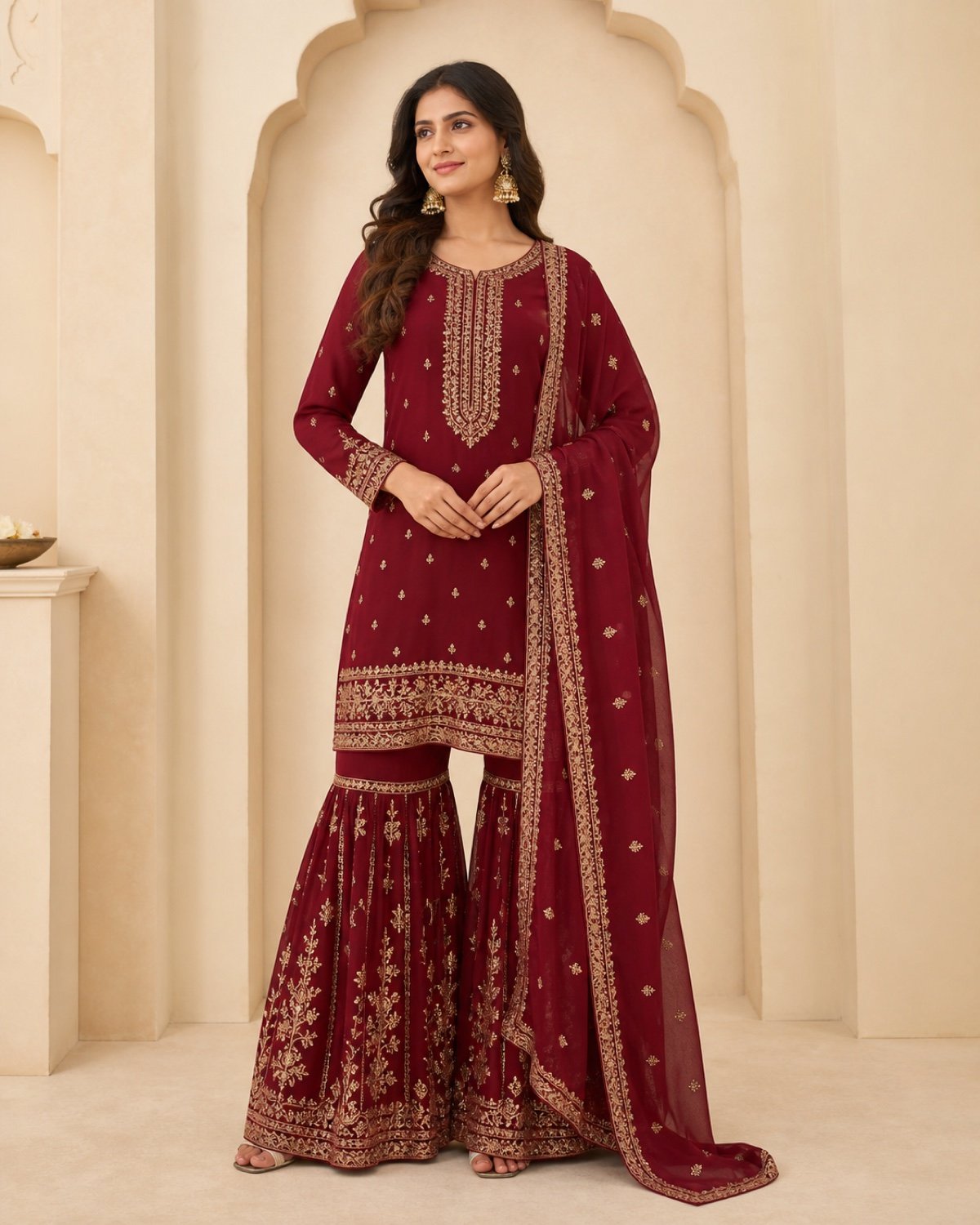 Maroon embroidered Sharara suit set