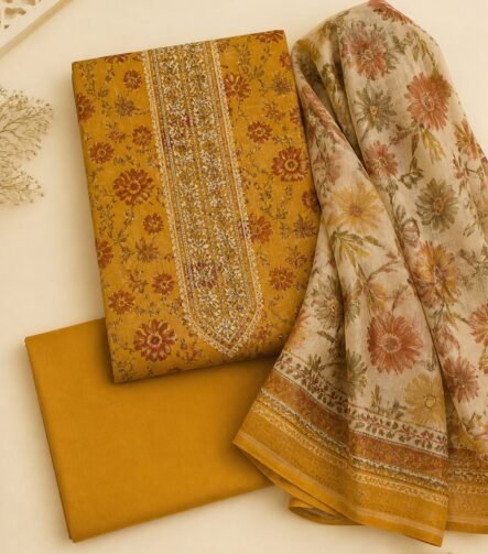 Mustard floral unstitched suit dress material