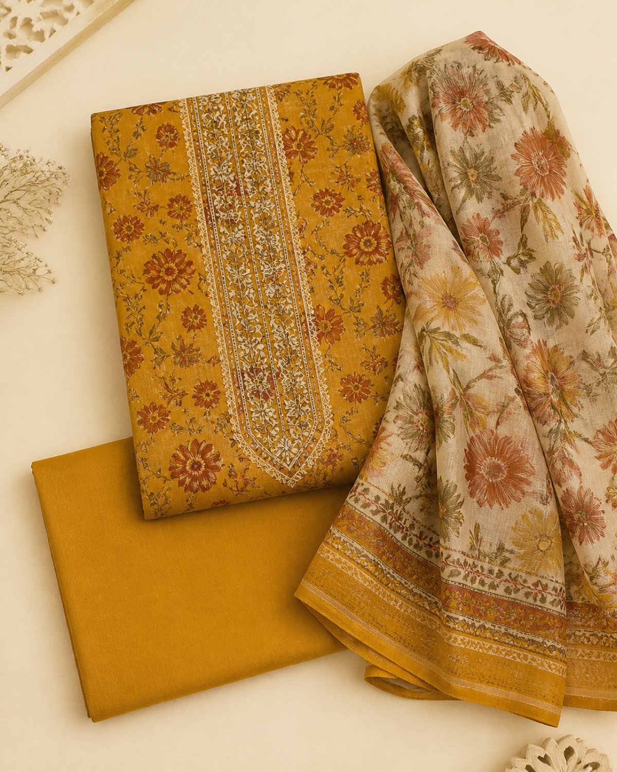 Mustard floral unstitched suit dress material