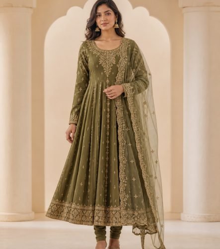 Olive embroidered Anarkali suit set