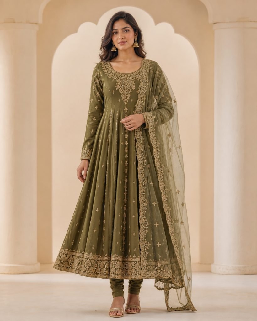 Olive embroidered Anarkali suit set