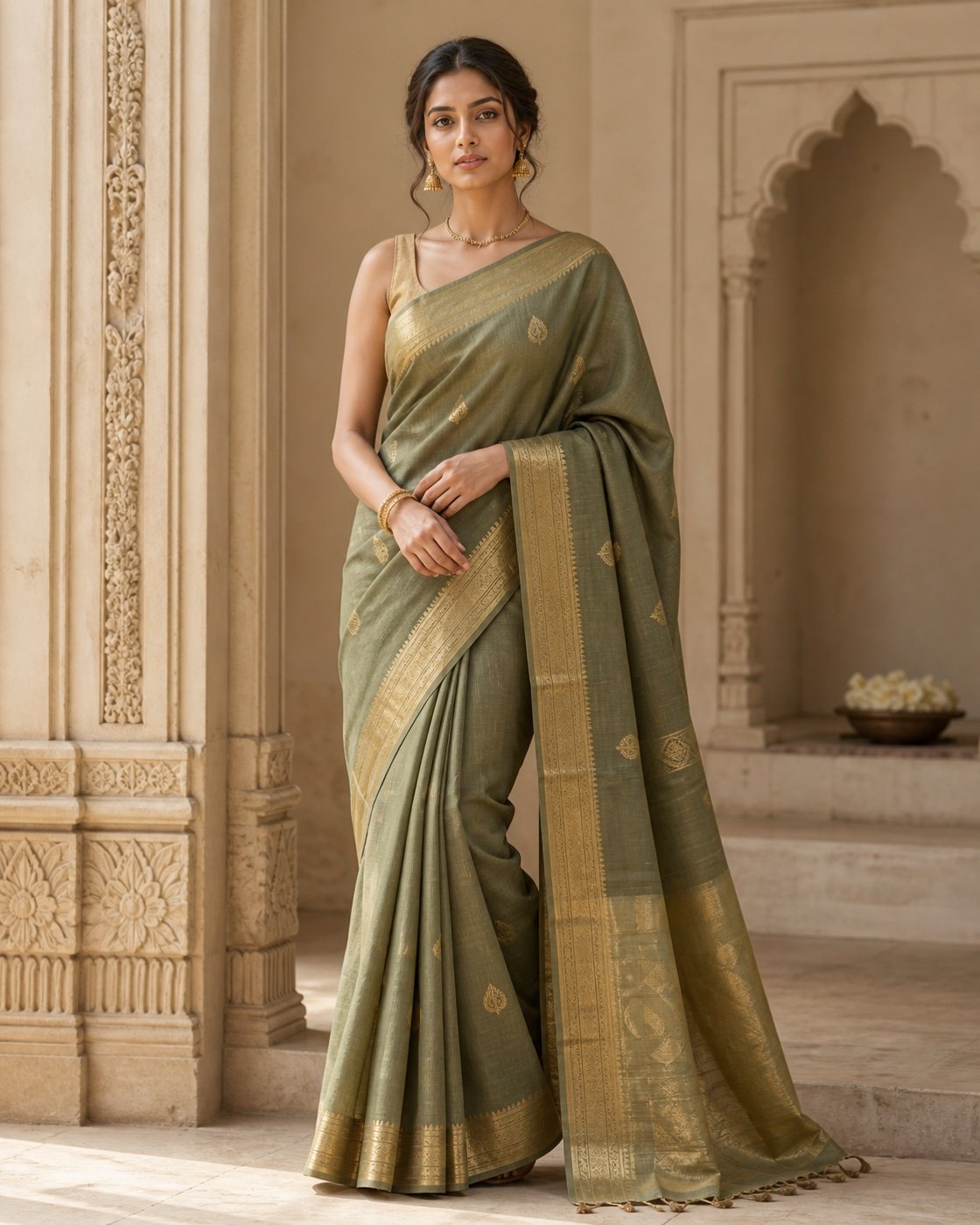Indian woman wearing an olive handwoven saree