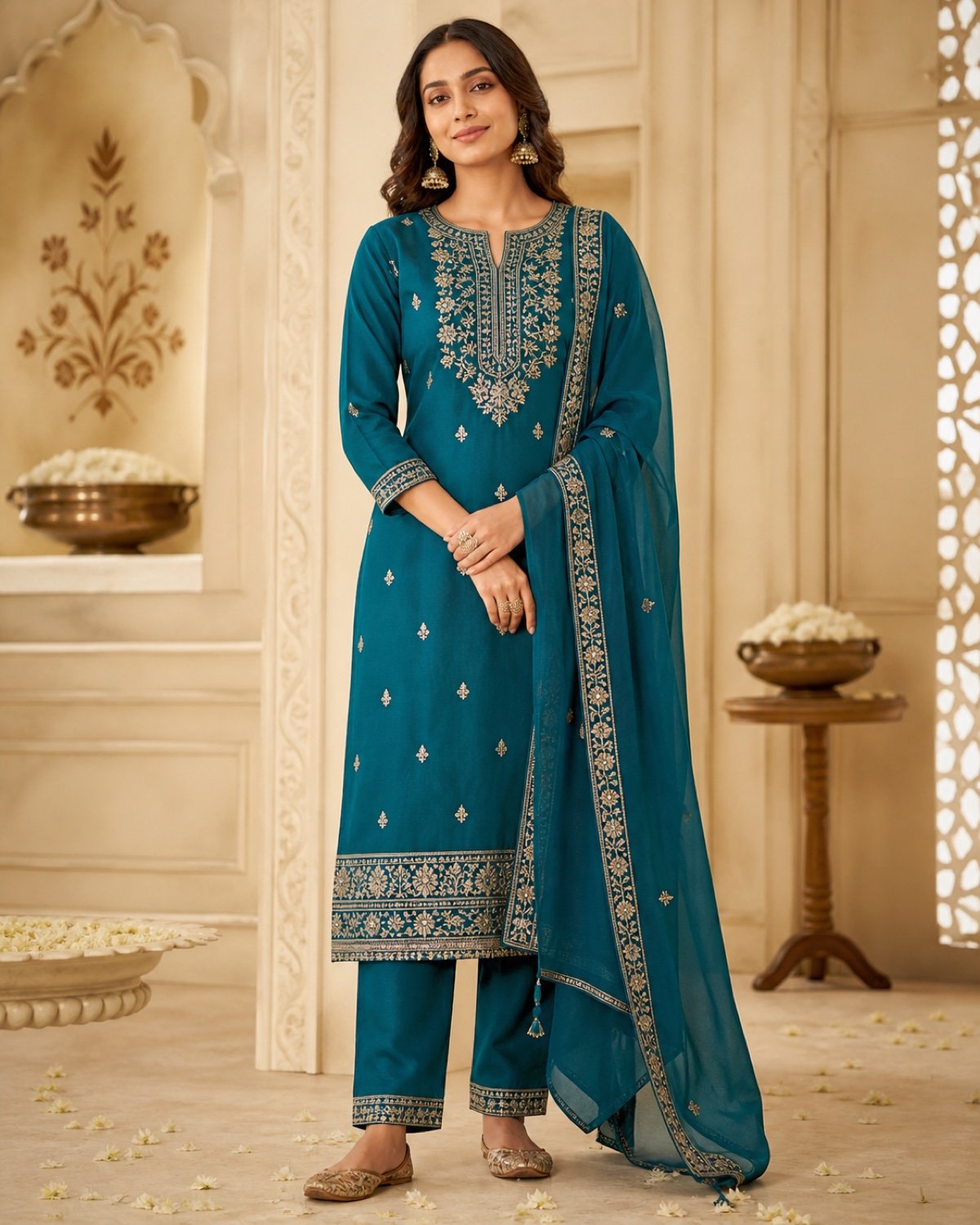 teal-embroidered-kurti-set Ziya Teal Embroidered Kurti Set - Image 1