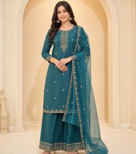 Teal embroidered Palazzo suit set