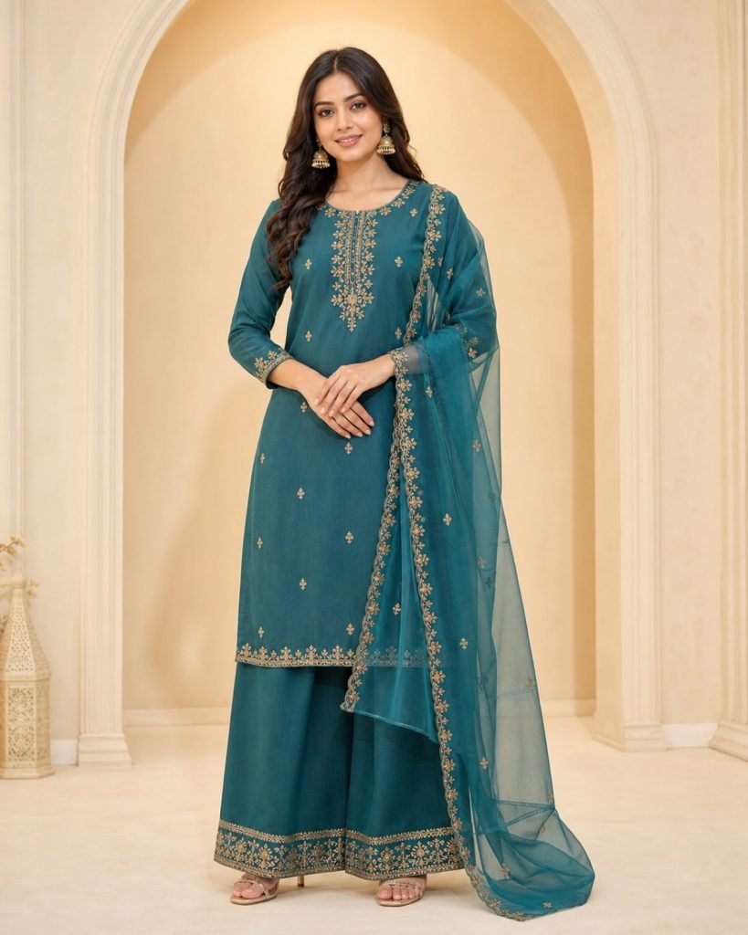 Teal embroidered Palazzo suit set
